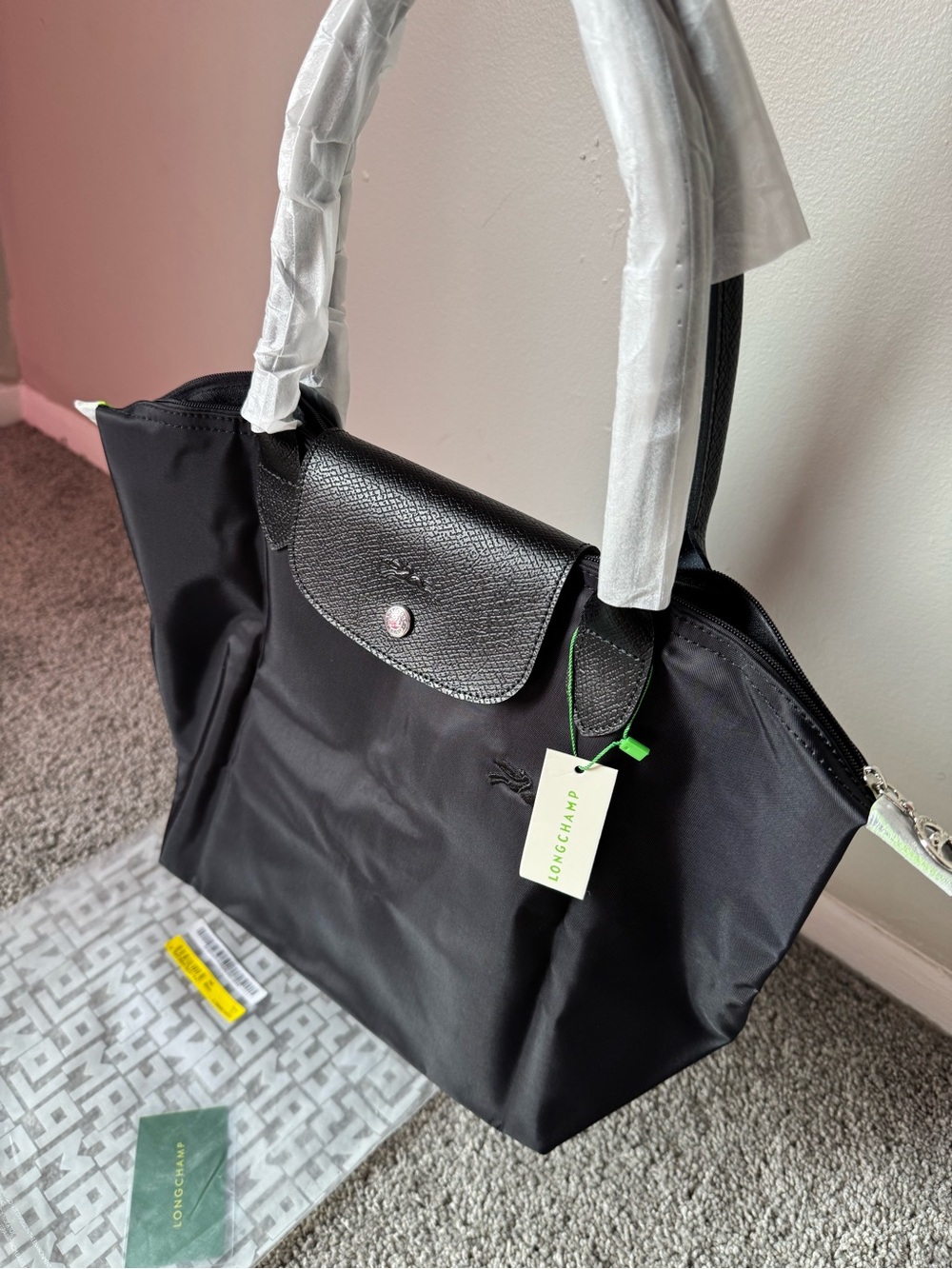 Longchamp Black Nylon Tote with Leather Flap